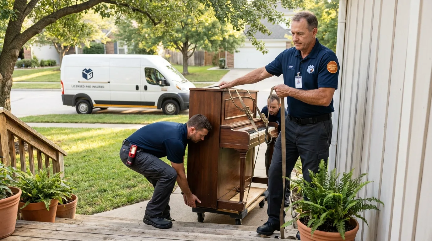 Licensed piano movers securing grand piano in Lake Providence, LA