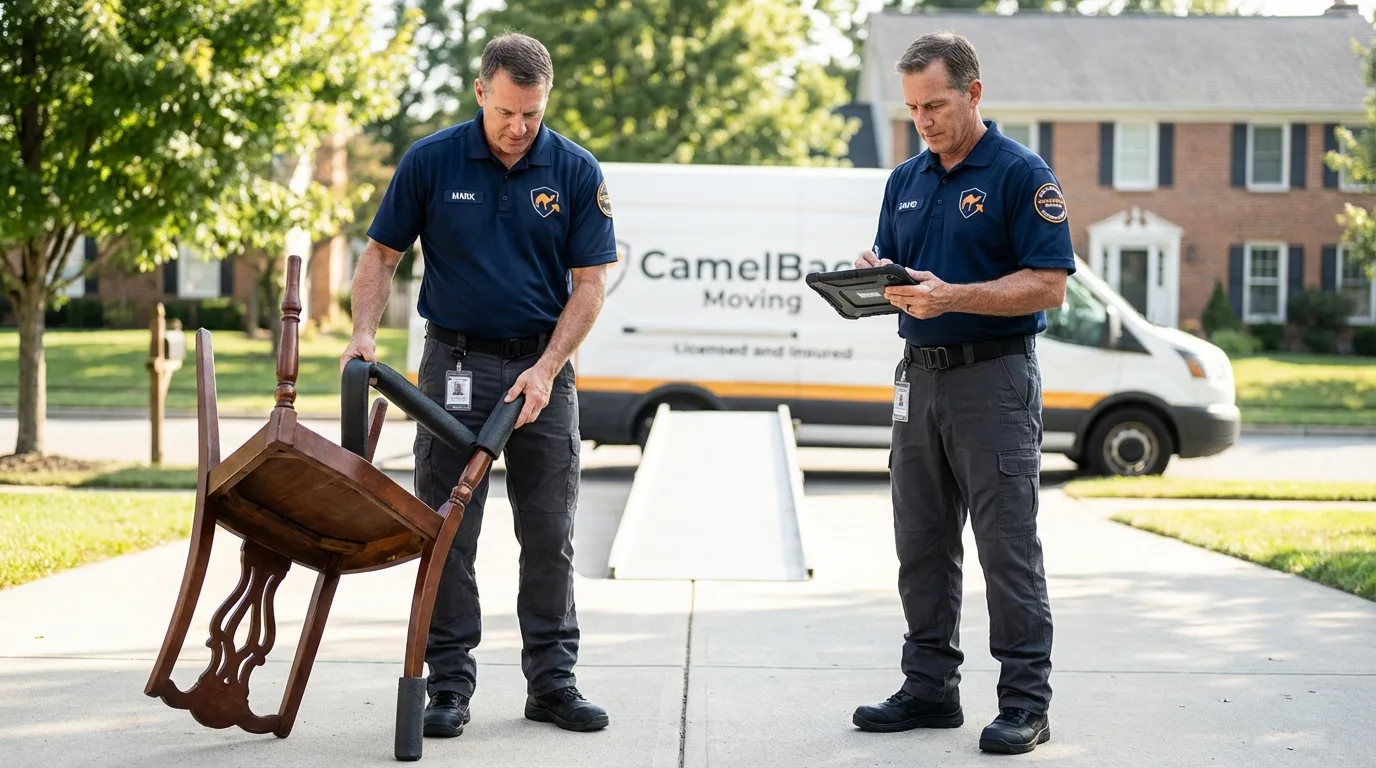 Movers inspecting furniture for damage prevention before loading in Lake Providence, LA