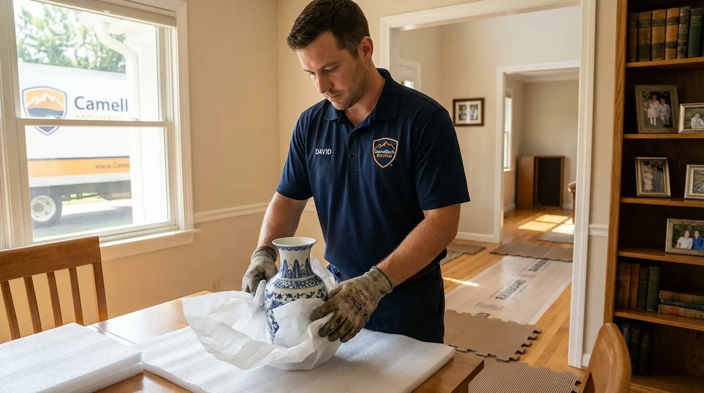 Professional crew carefully wrapping antique vase for senior downsizing move in Lake Providence, LA
